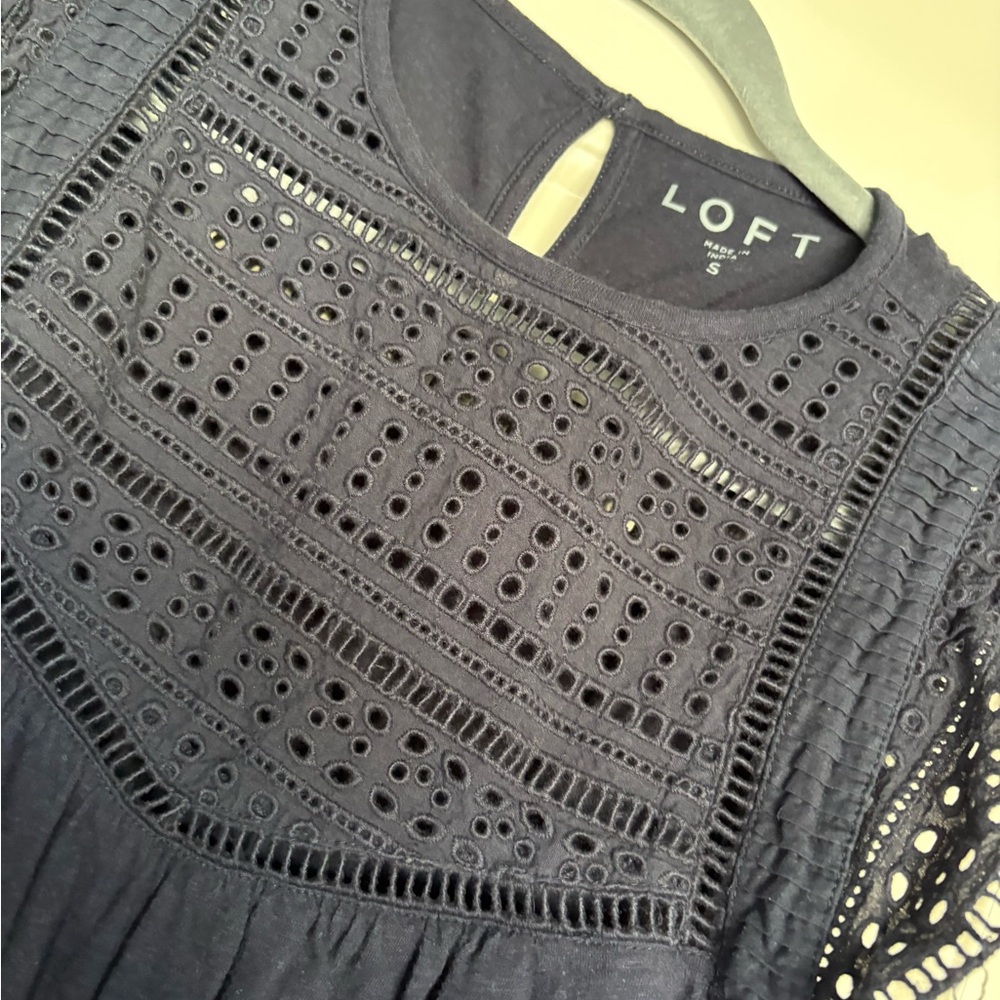 LOFT Navy Eyelet Crochet Front Blouse